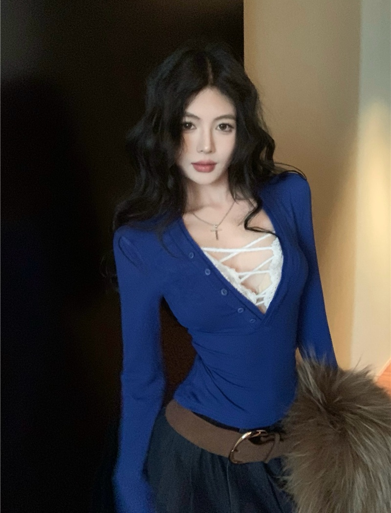Pseudo-two slim T-shirt long sleeve tops for women