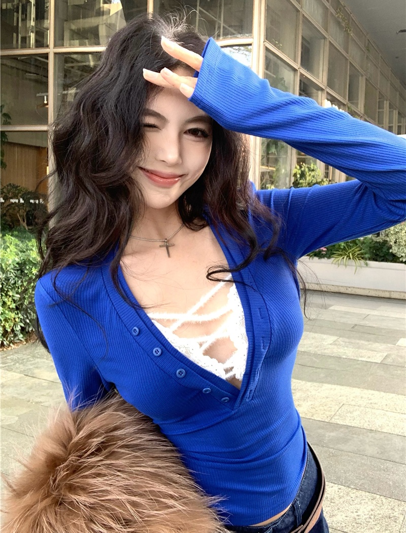 Pseudo-two slim T-shirt long sleeve tops for women