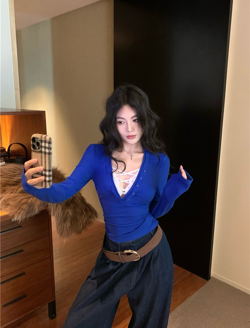 Pseudo-two slim T-shirt long sleeve tops for women