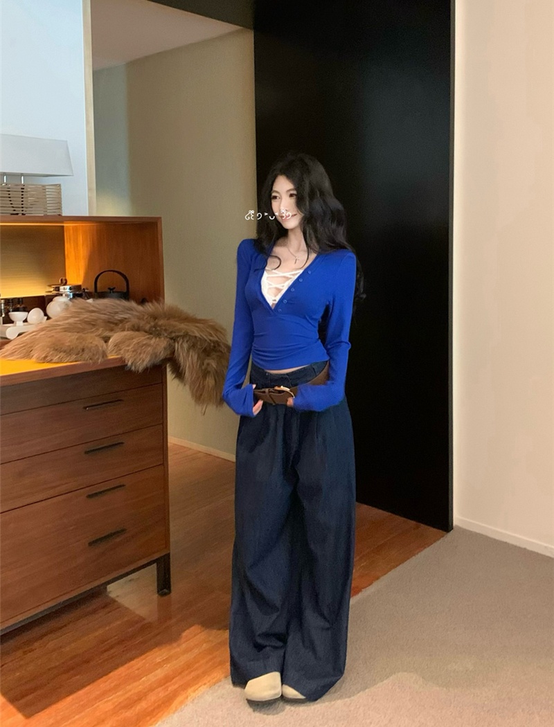 Pseudo-two slim T-shirt long sleeve tops for women