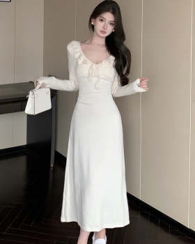 V-neck lotus leaf edges knitted sexy long sleeve dress for women