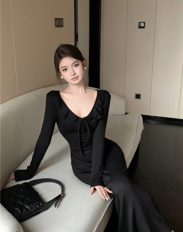 V-neck lotus leaf edges knitted sexy long sleeve dress for women