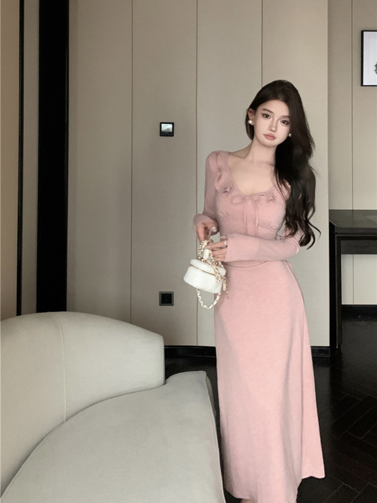 V-neck lotus leaf edges knitted sexy long sleeve dress for women