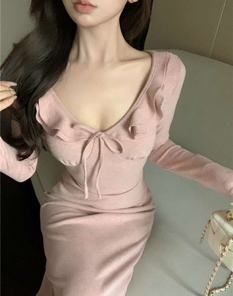 V-neck lotus leaf edges knitted sexy long sleeve dress for women