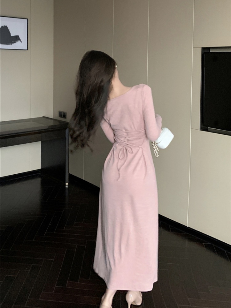 V-neck lotus leaf edges knitted sexy long sleeve dress for women