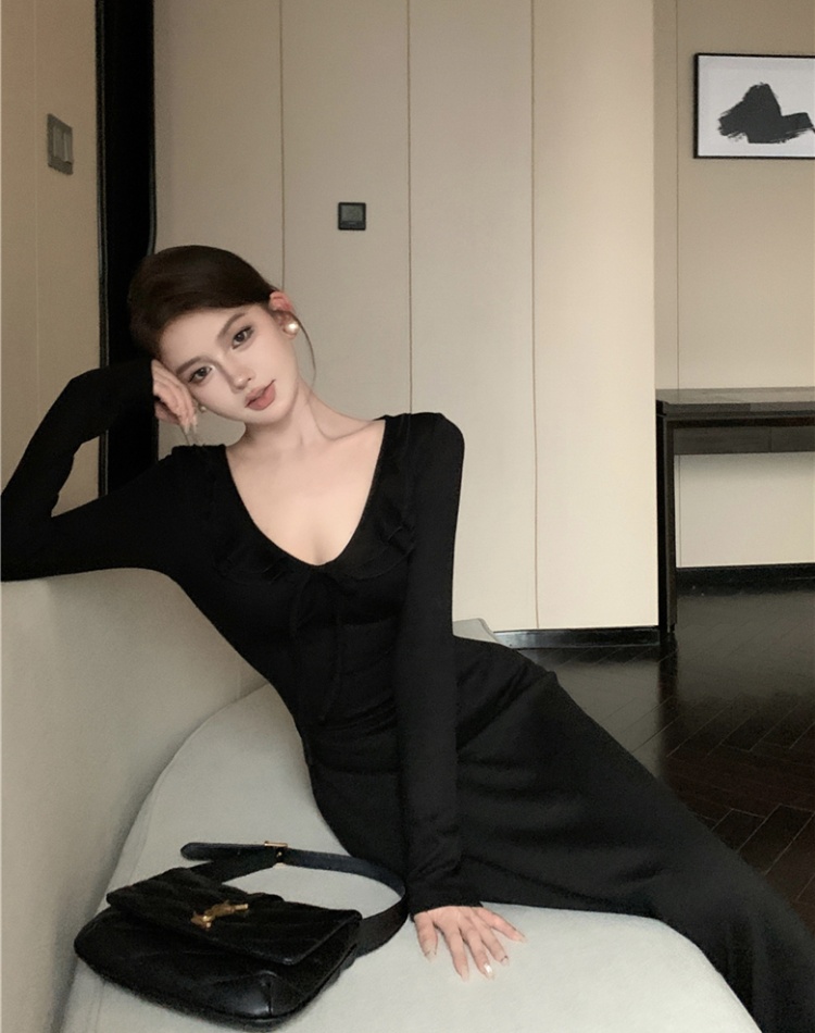 V-neck lotus leaf edges knitted sexy long sleeve dress for women