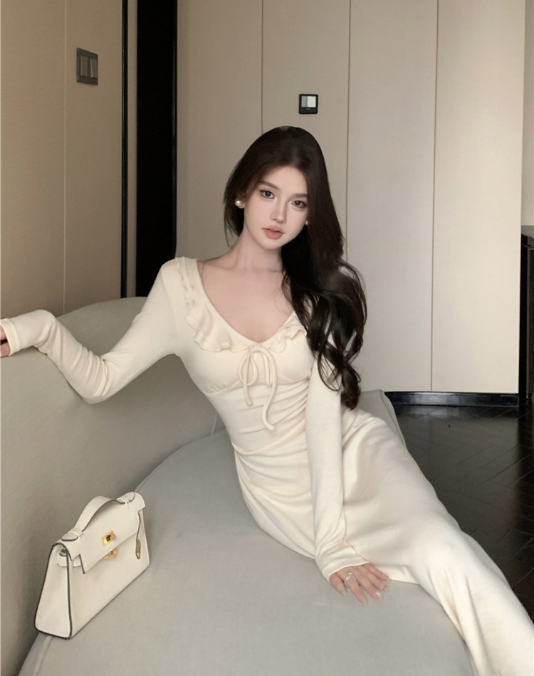 V-neck lotus leaf edges knitted sexy long sleeve dress for women