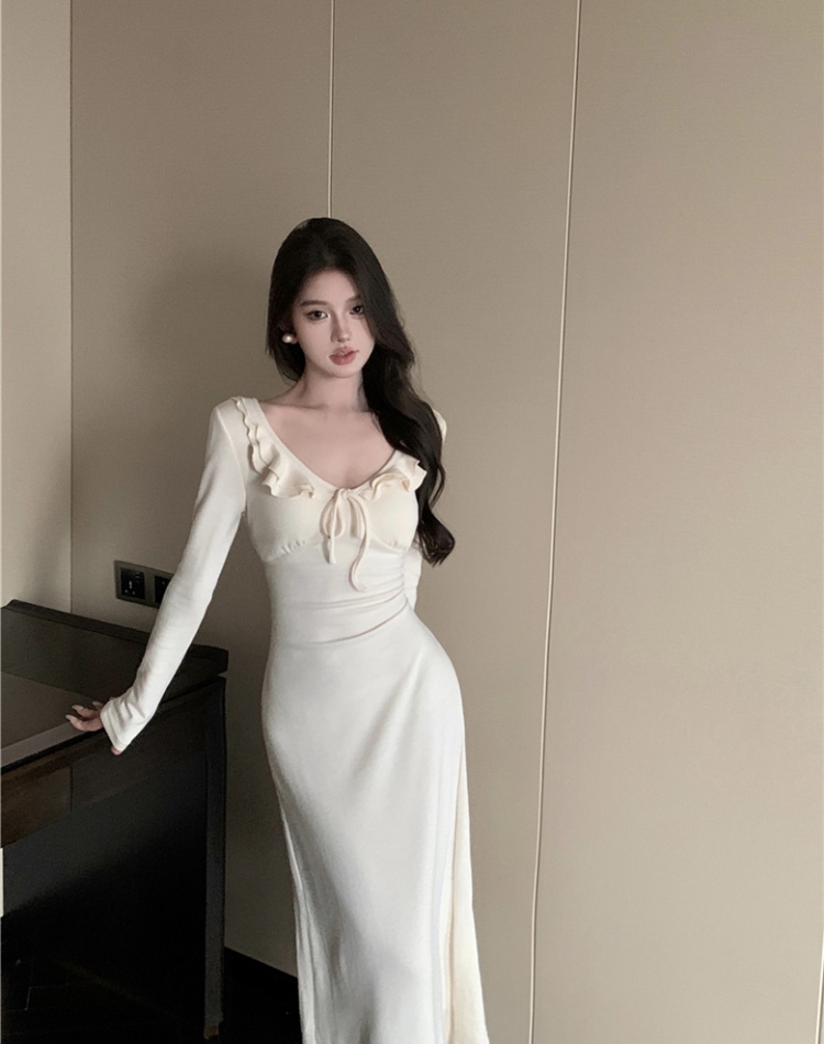 V-neck lotus leaf edges knitted sexy long sleeve dress for women