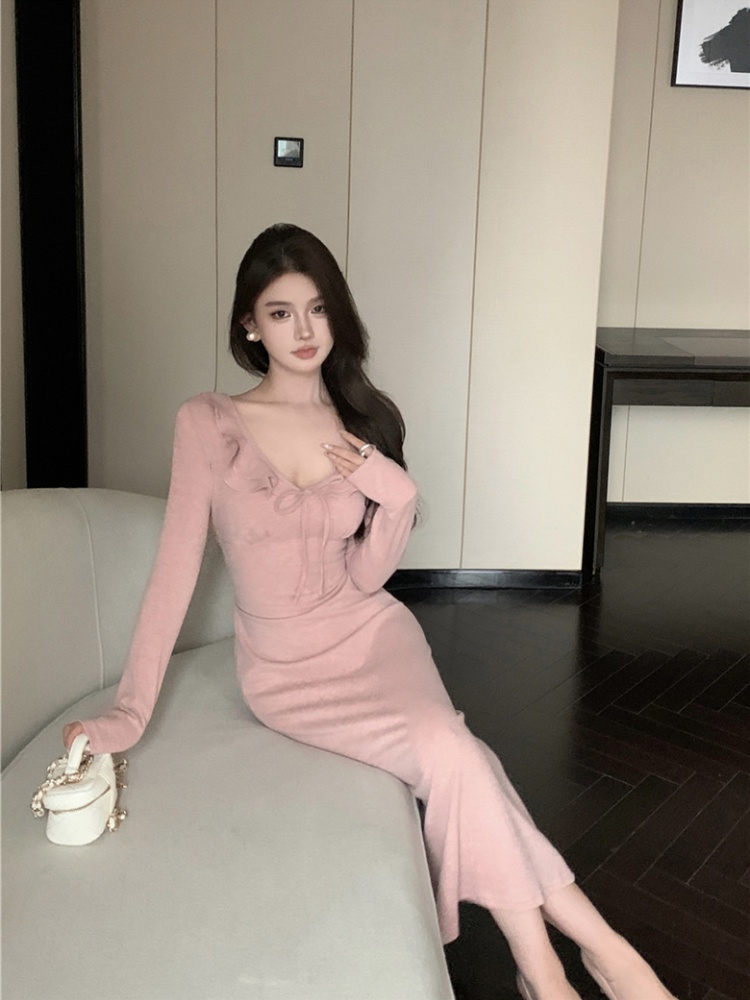 V-neck lotus leaf edges knitted sexy long sleeve dress for women