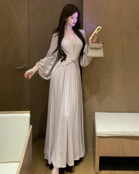 Splice sexy retro dress lace V-neck long dress for women