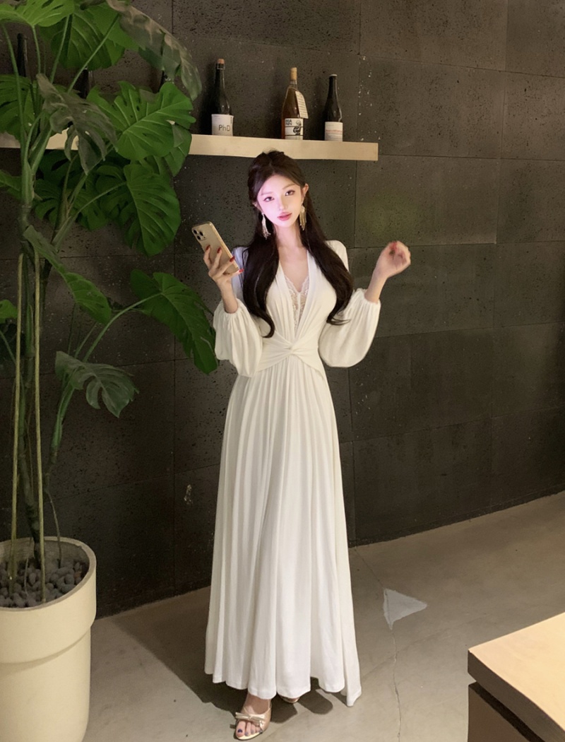 Splice sexy retro dress lace V-neck long dress for women