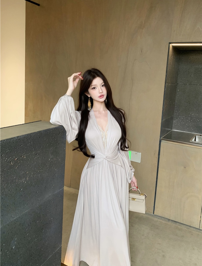 Splice sexy retro dress lace V-neck long dress for women