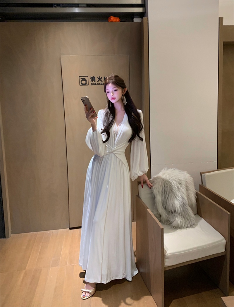 Splice sexy retro dress lace V-neck long dress for women