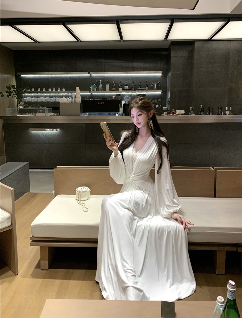 Splice sexy retro dress lace V-neck long dress for women