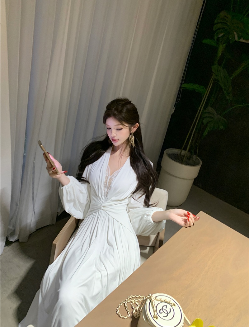 Splice sexy retro dress lace V-neck long dress for women