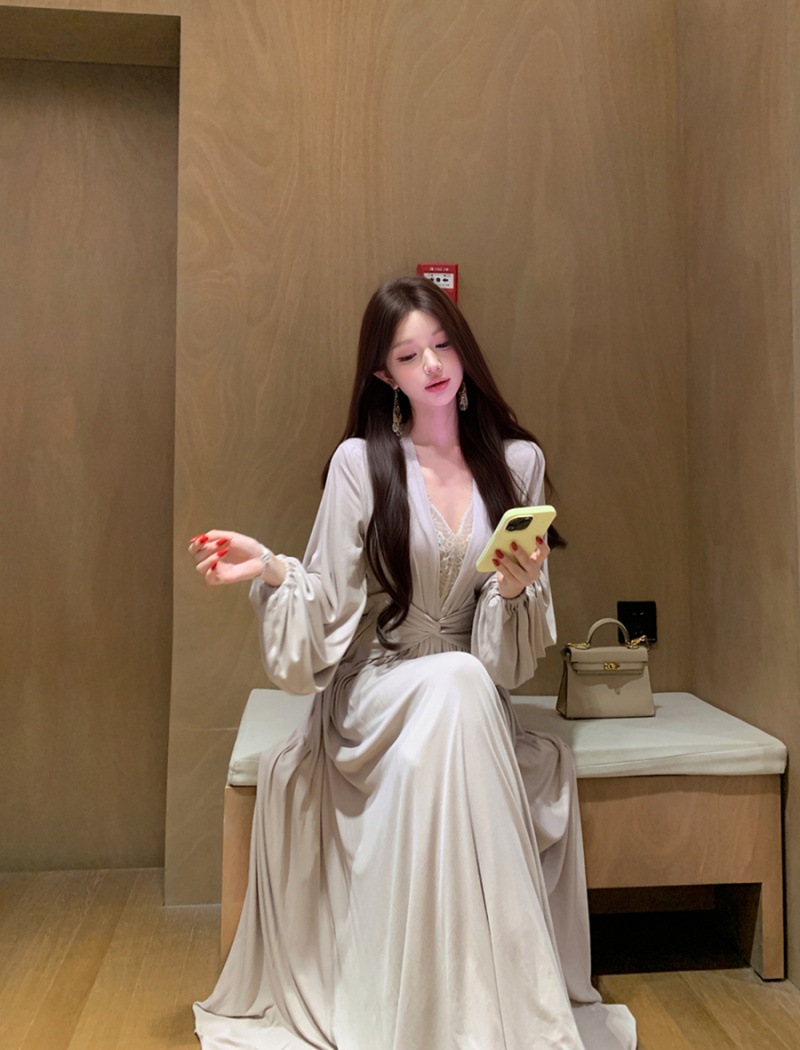 Splice sexy retro dress lace V-neck long dress for women