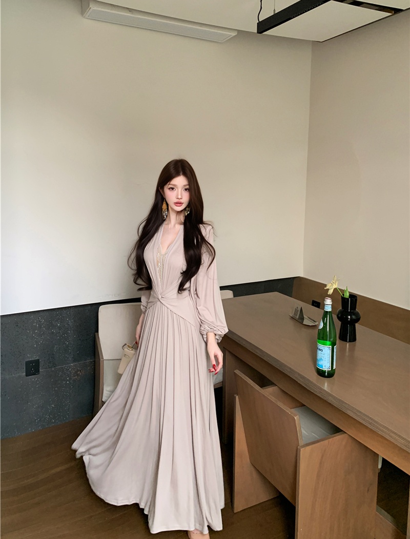 Splice sexy retro dress lace V-neck long dress for women