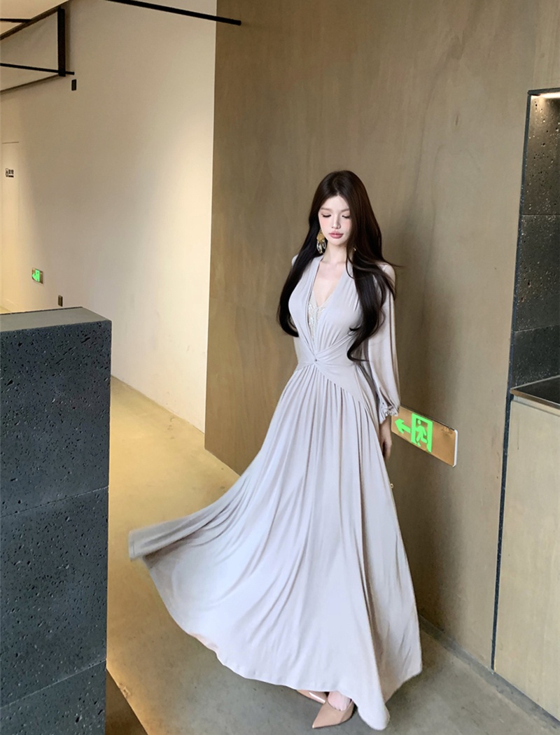 Splice sexy retro dress lace V-neck long dress for women