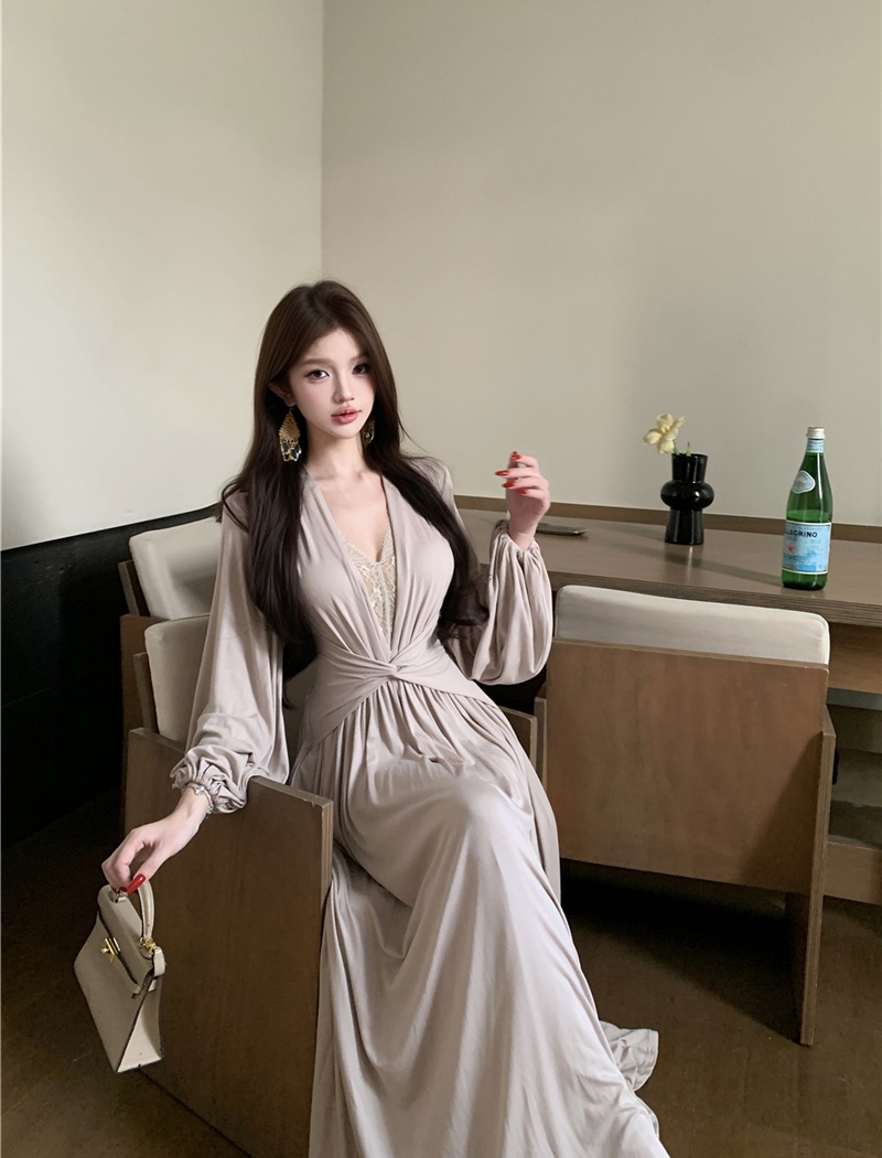 Splice sexy retro dress lace V-neck long dress for women