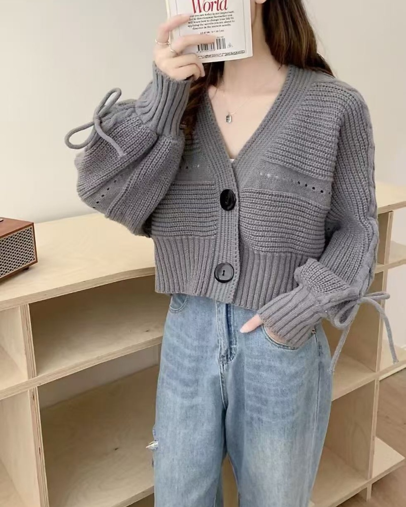 Slim short sweater high waist V-neck cardigan for women