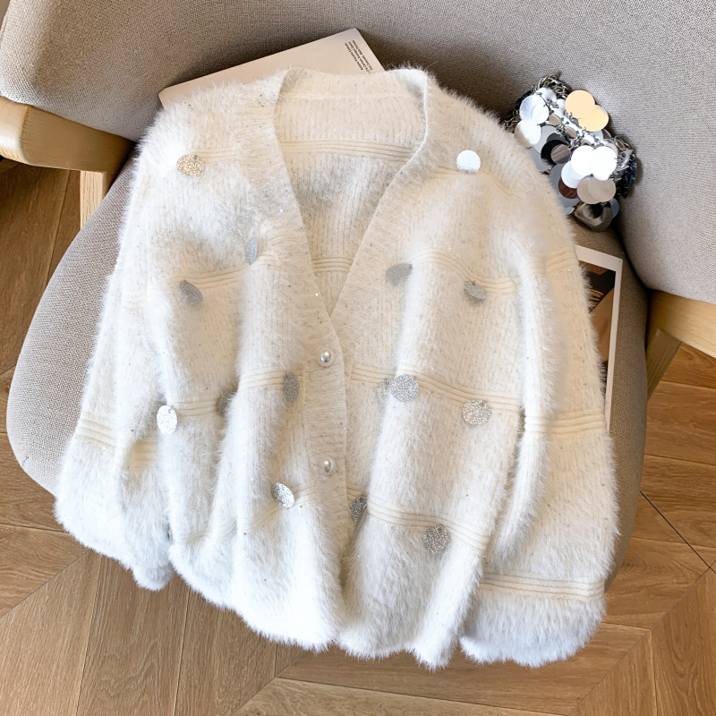 Lazy pink short cardigan autumn sequins tops