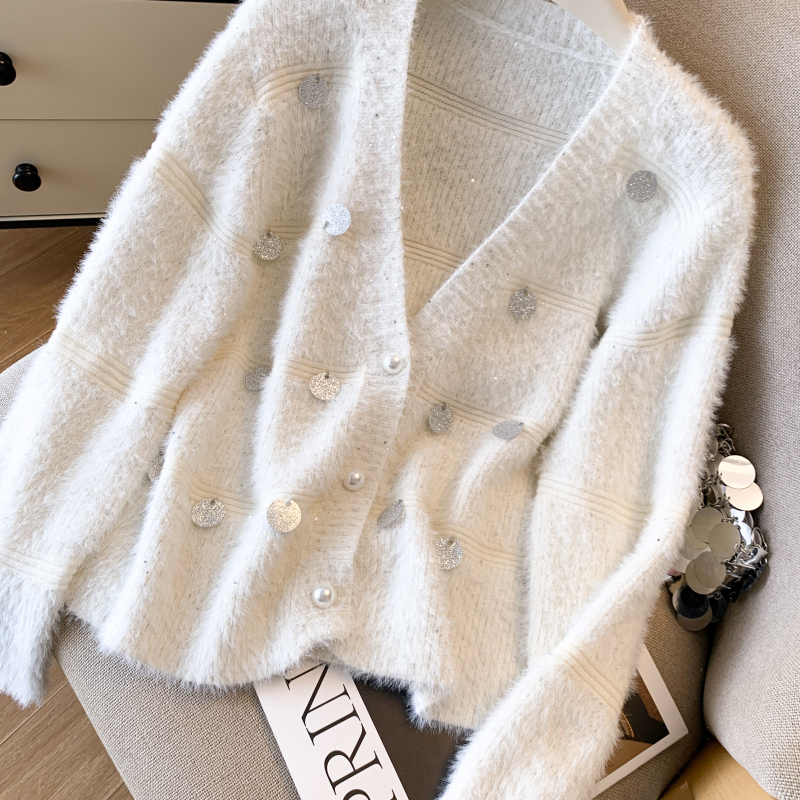 Lazy pink short cardigan autumn sequins tops