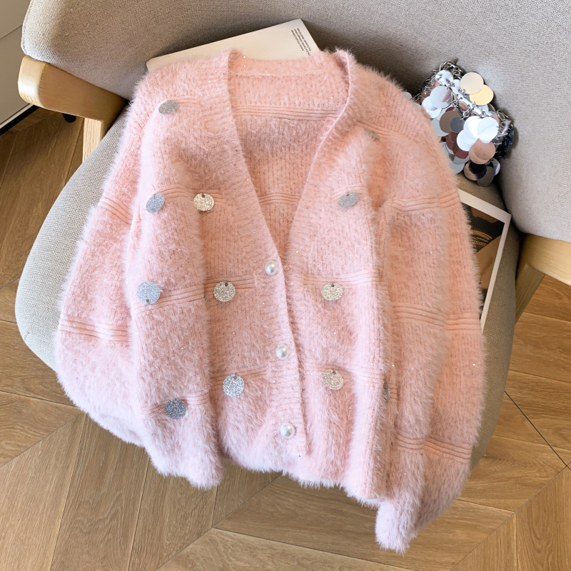 Lazy pink short cardigan autumn sequins tops
