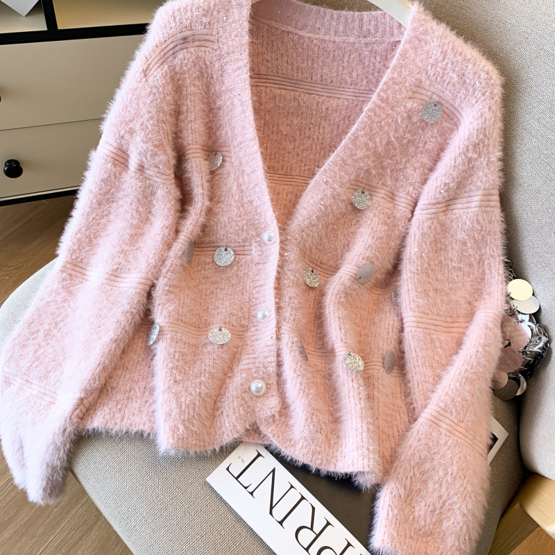 Lazy pink short cardigan autumn sequins tops