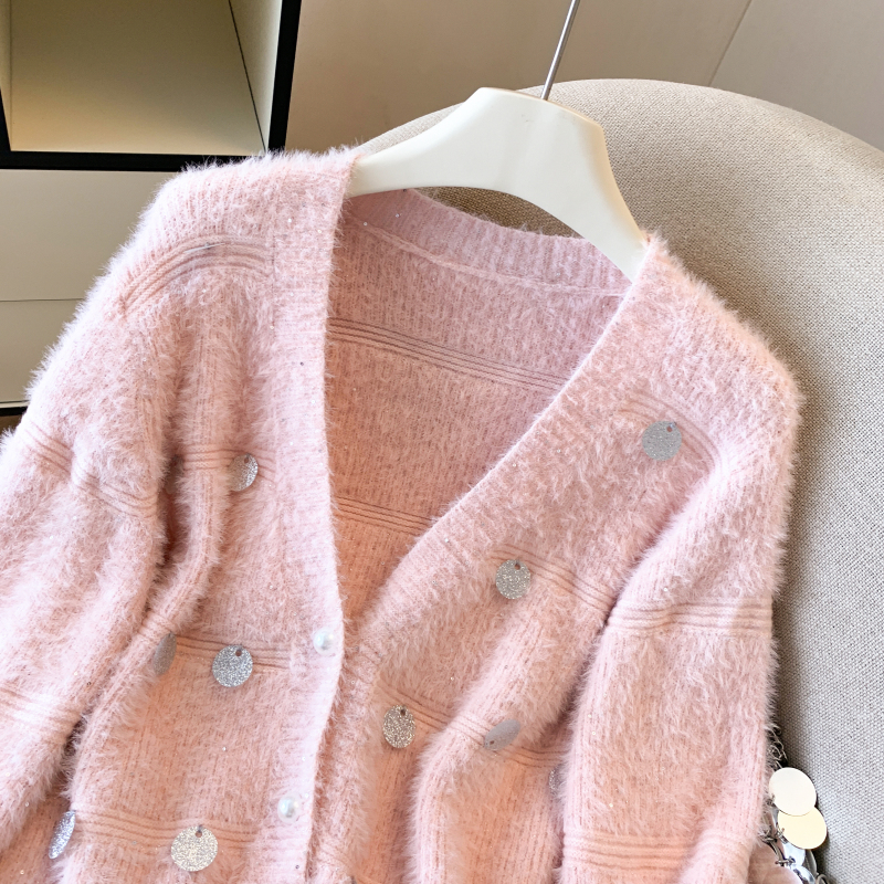 Lazy pink short cardigan autumn sequins tops