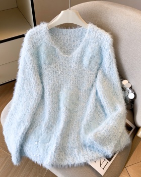 Flowers mink hair sweater sweet loose tops for women