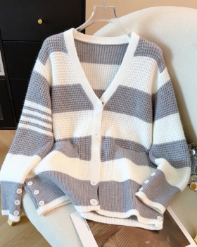 Loose all-match cardigan stripe gray big sweater