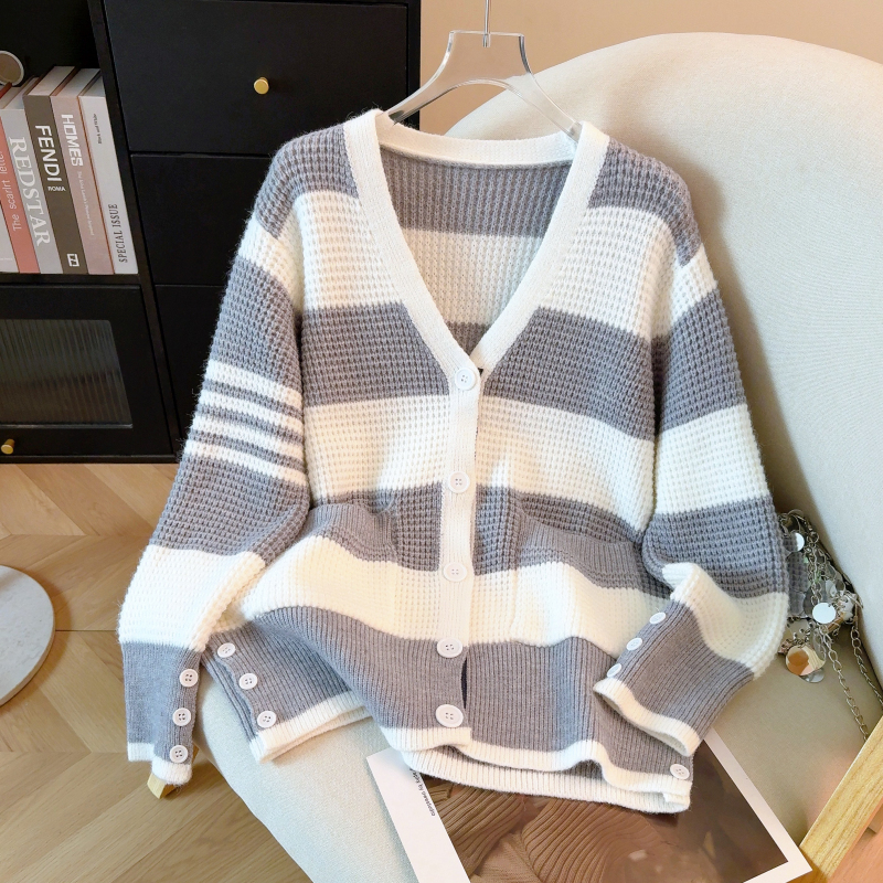 Loose all-match cardigan stripe gray big sweater