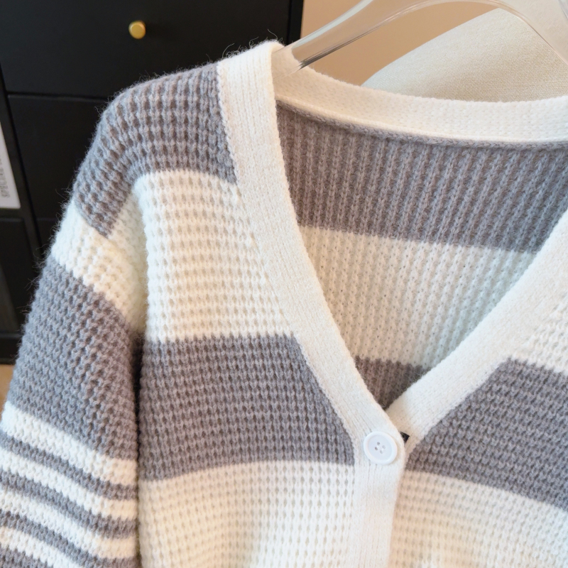 Loose all-match cardigan stripe gray big sweater