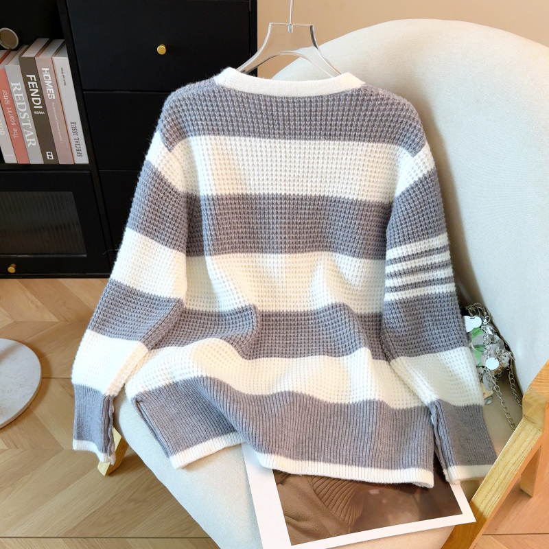 Loose all-match cardigan stripe gray big sweater
