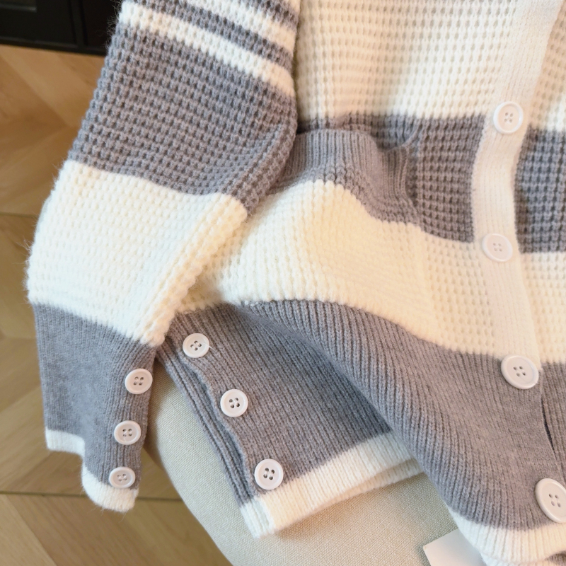 Loose all-match cardigan stripe gray big sweater