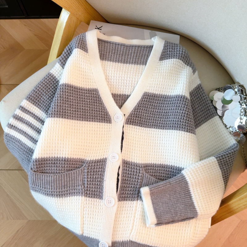 Loose all-match cardigan stripe gray big sweater