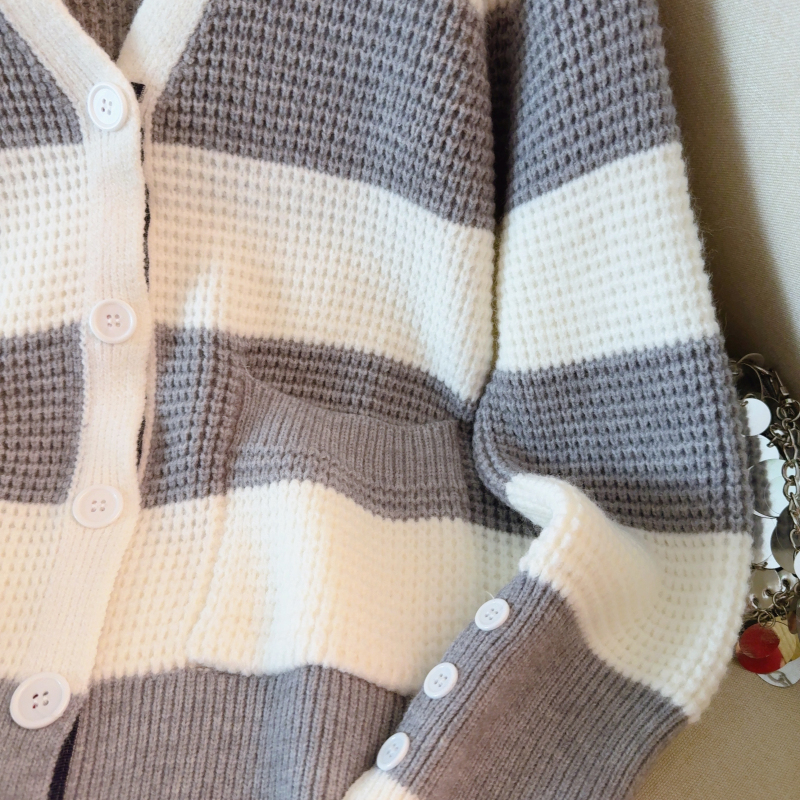 Loose all-match cardigan stripe gray big sweater