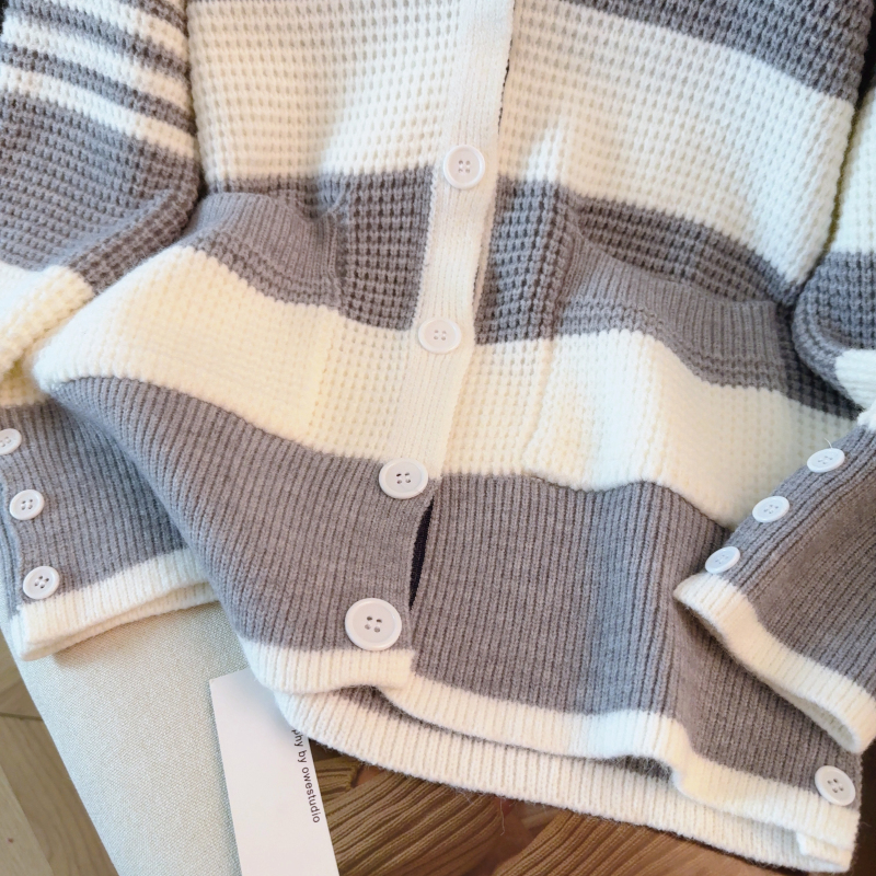 Loose all-match cardigan stripe gray big sweater