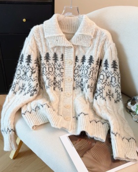 Lapel retro cardigan jacquard sweater for women