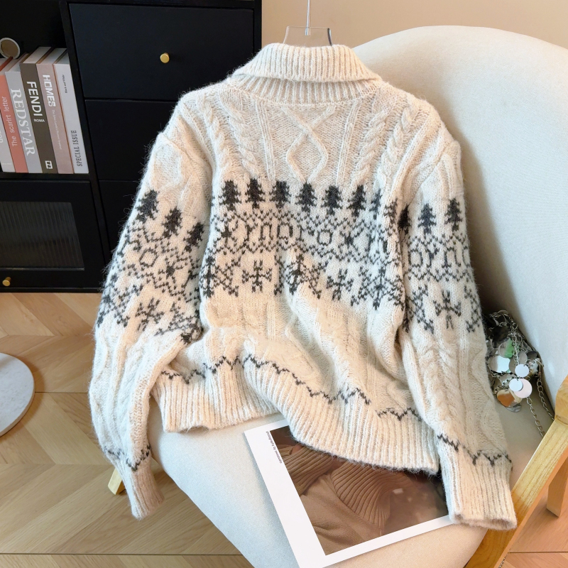 Lapel retro cardigan jacquard sweater for women