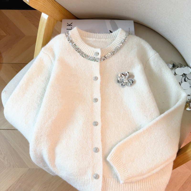 Round neck sequins tops autumn cardigan for women