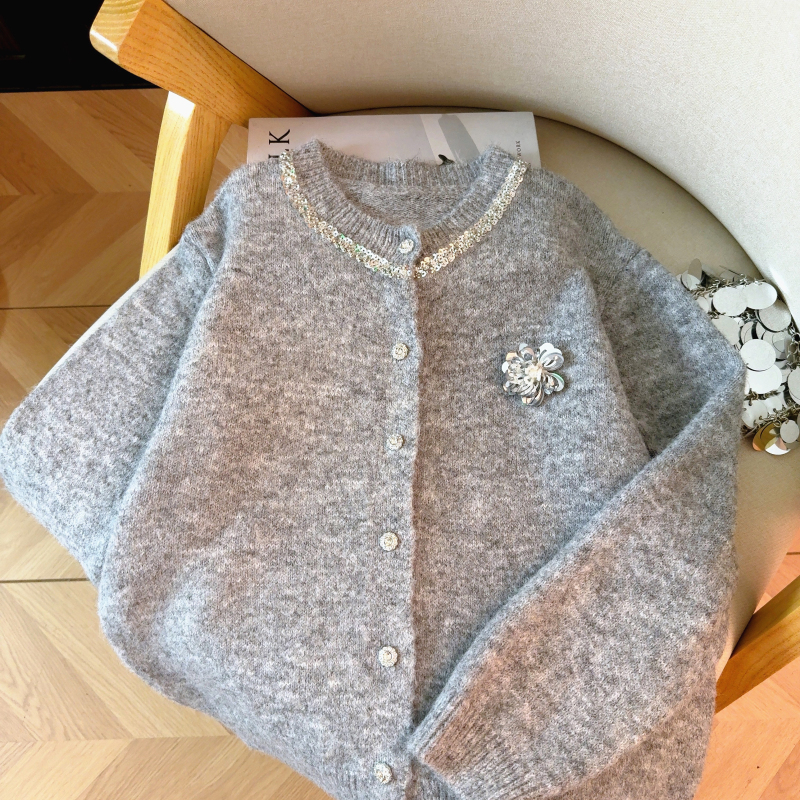 Round neck sequins tops autumn cardigan for women