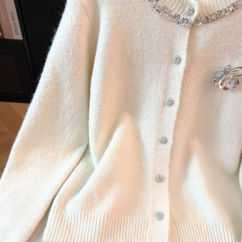 Round neck sequins tops autumn cardigan for women