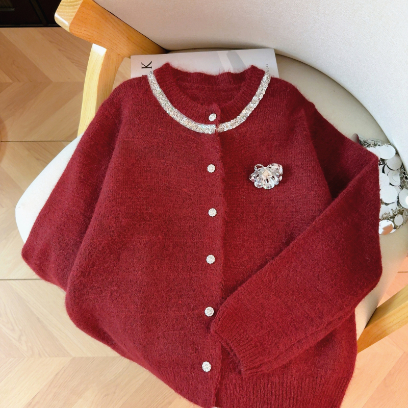 Round neck sequins tops autumn cardigan for women
