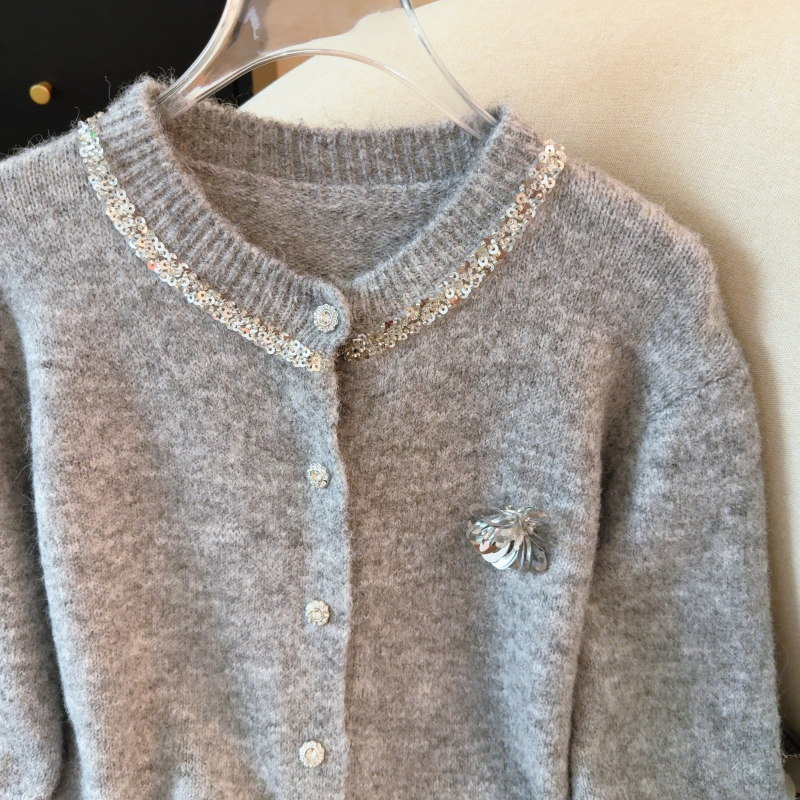Round neck sequins tops autumn cardigan for women