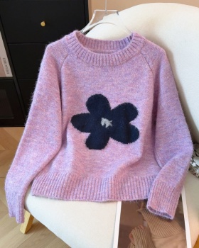 Short flowers tops Korean style round neck sweater for women