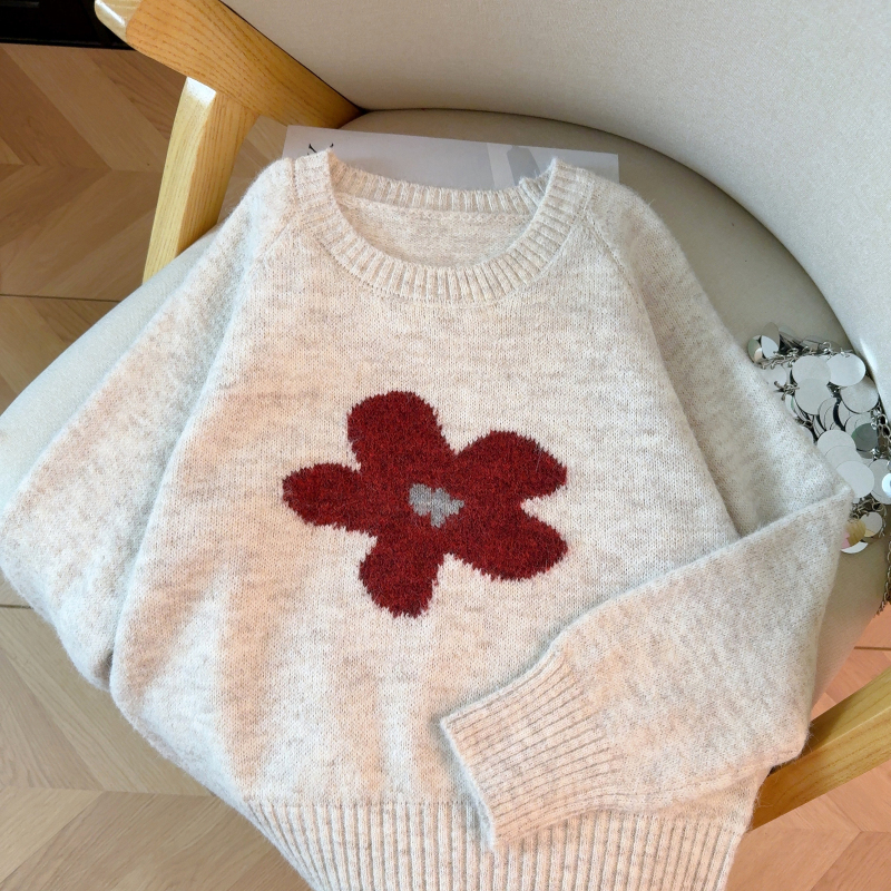 Short flowers tops Korean style round neck sweater for women