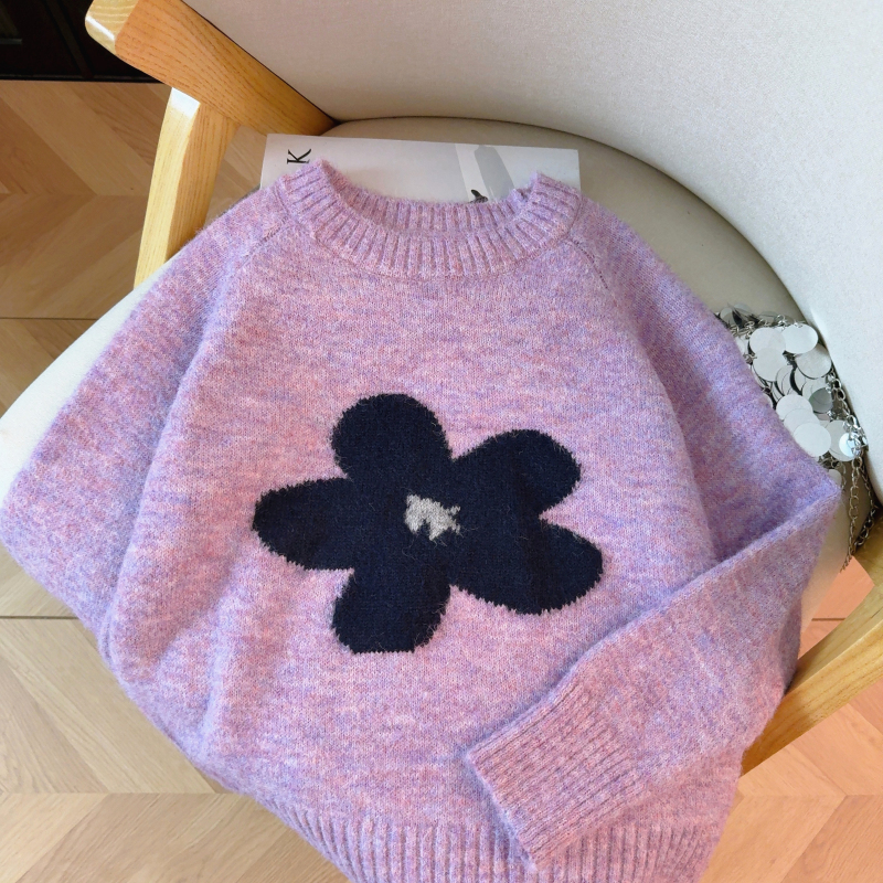 Short flowers tops Korean style round neck sweater for women