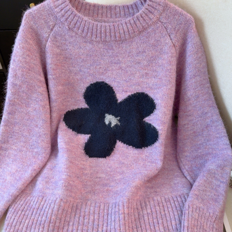 Short flowers tops Korean style round neck sweater for women