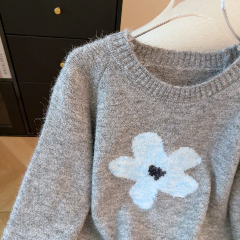 Short flowers tops Korean style round neck sweater for women